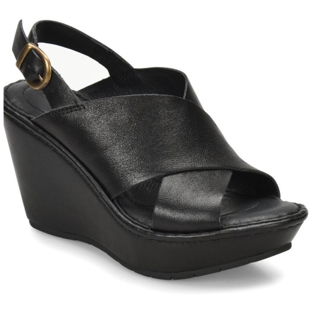 Born Womens Black Leather Crisscross Wedge Sandals Slingback MHJ7 Size 7/38